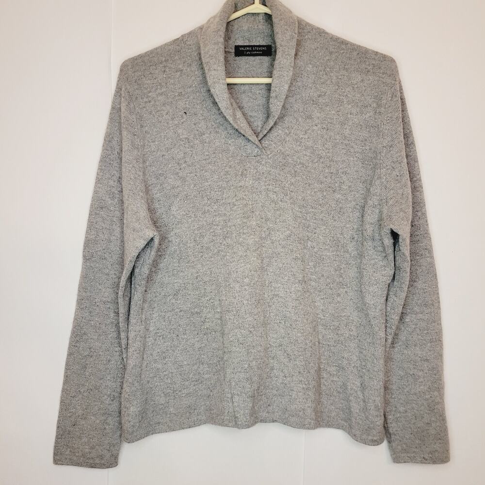 Valerie Stevens grey 100% cashmere collared sweater Size XL Luxe Minimal Classic